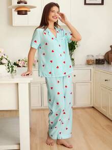 SHEIN 条纹心形印花翻领短袖女士睡衣套装女士睡衣套装心形睡衣套装夏季睡衣套装女士睡衣套装舒适优雅细节 - 薄荷藍 - 查看 4