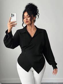 Elenzga Plus Size Women Solid Color Asymmetric Hem Wrap Elegant Long Sleeve Blouse