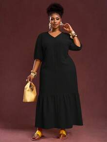 Slaydiva 2025 新款春夏大码女式复古西部度假/早午餐装，音乐节/俱乐部/公路旅行/度假/休闲/城市度假/毕业典礼，女士优雅装扮，休闲宽松黄色纹理泡泡格纹 V 领泡泡袖 H 字形荷叶边下摆长裙 - 黑色 - 查看 4