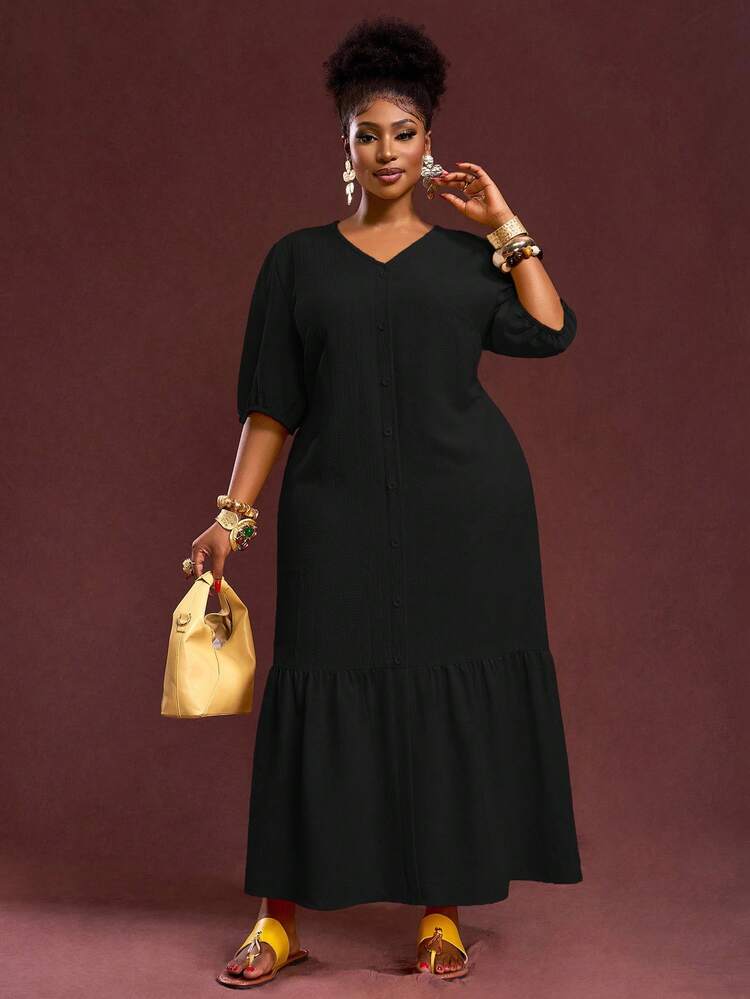 Slaydiva 2025 新款春夏大码女式复古西部度假/早午餐装，音乐节/俱乐部/公路旅行/度假/休闲/城市度假/毕业典礼，女士优雅装扮，休闲宽松黄色纹理泡泡格纹 V 领泡泡袖 H 字形荷叶边下摆长裙 - 黑色 - 查看 4