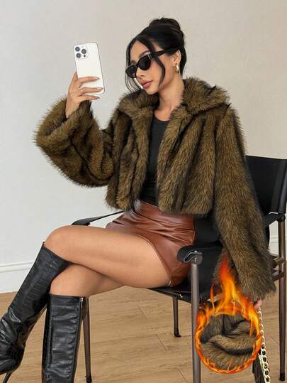 SHEIN PETITE 女式复古风格前开仿皮草领大衣，冬季时尚外套仿皮草大衣皮草大衣棕色皮革女式皮草夹克，棕色