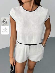 SHEIN Tall Women's Solid Color Contrast Trim Linen 2 Pieces Short Sets,White And Black Summer Chic Vacation Holiday Lounge Outfit,Ladies Layering 2pcs Short Set - Apricot - View 7