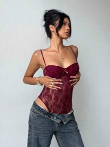 Aloruh 女士纯色蕾丝拼布蝴蝶结装饰吊带背心紧身衣 - 酒紅色 - 查看 4