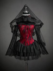 SHEIN ICON 女式性感辣妹千禧风格 Y2K 个性大胆前卫万圣节角色扮演吸血鬼新娘黑红撞色蕾丝拼接单肩喇叭袖荷叶边多层网眼吊带迷你连衣裙 - 彩色 - 查看 1