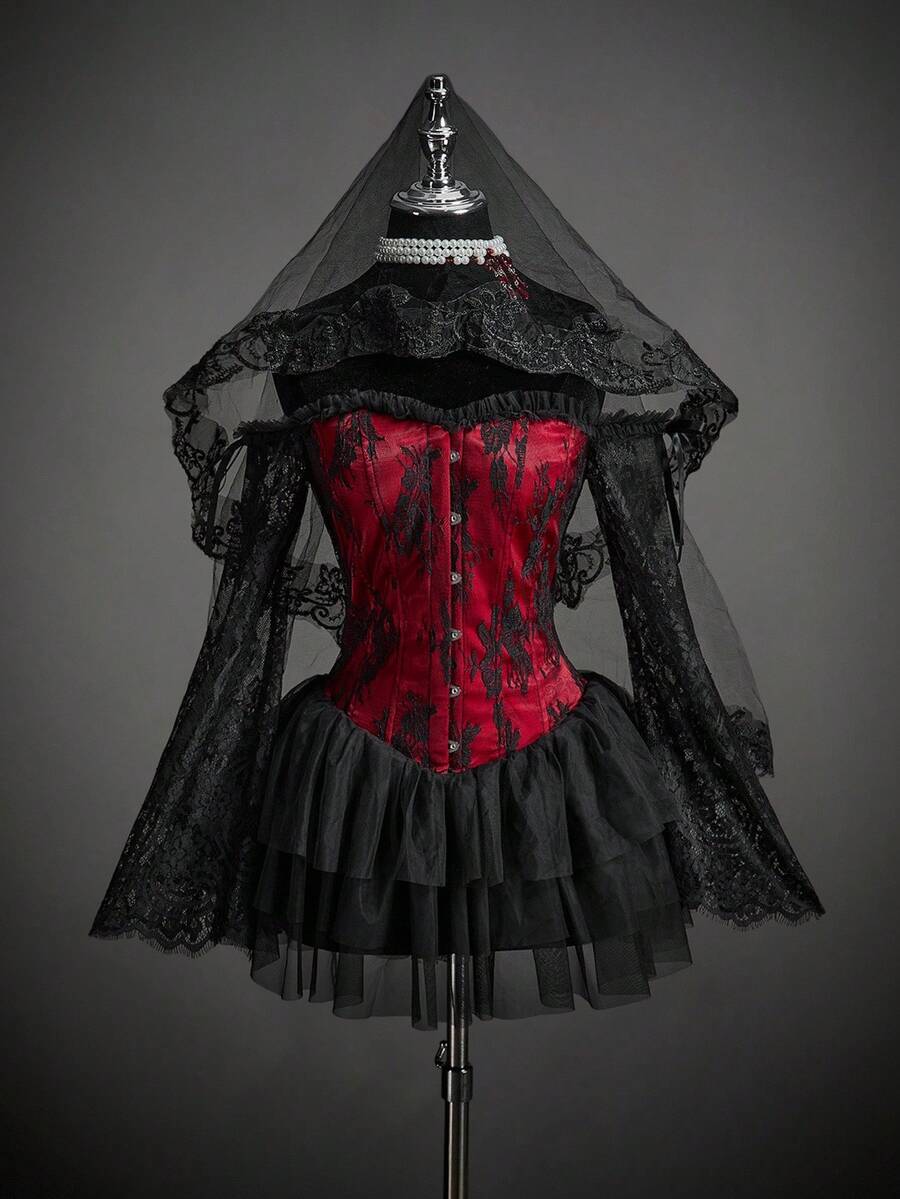 SHEIN ICON 女式性感辣妹千禧风格 Y2K 个性大胆前卫万圣节角色扮演吸血鬼新娘黑红撞色蕾丝拼接单肩喇叭袖荷叶边多层网眼吊带迷你连衣裙 - 彩色 - 查看 1