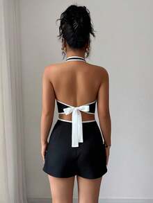 SHEIN PETITE Summer New Sexy Contrast Color Trim Backless Tie Crop Top + Shorts With Slant Pockets Contrast Trim Women 2 Pieces Set - Black - View 2