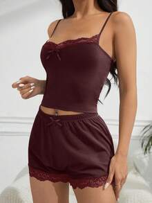 Women's Summer Simple Solid Color Lace Trim Bow Decor Cropped Camisole And Shorts Pajama Set Sexy Sleep Set Two Piece Night Set Lingerie Sleep Set Sexy Short Sets For Women - Burgundy - View 4