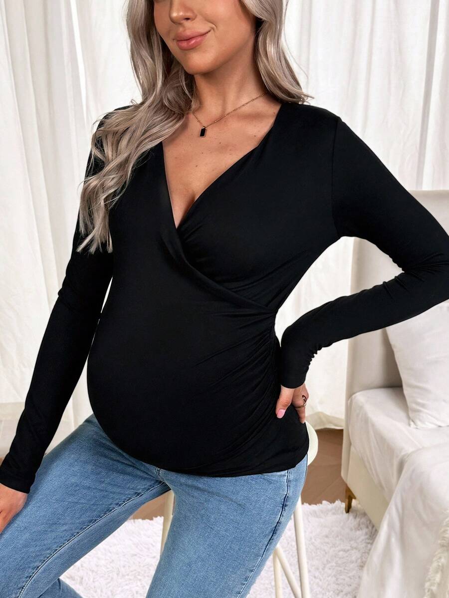 SHEIN Áo thun dài tay dáng ôm dáng đơn sắc dáng chéo cho bà bầu - màu đen - Xem 1