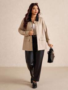 Elaquor Áo khoác Parka cổ điển thường ngày cỡ lớn có thắt eo và màu tương phản dành cho nữ, mùa thu/đông - Màu Khaki - Xem 6