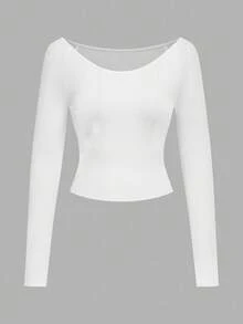 SHEIN BASICS 休闲简约罗纹宽领女式长袖 T 恤，百搭，打底衫，秋冬 - 彩色 - 查看 6