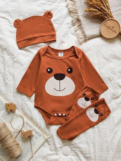 SHEIN Vintaside Kids 3 件套新生男婴棕色印花泰迪熊长袖连体衣，配有同款帽子和袜子，可爱舒适的服装