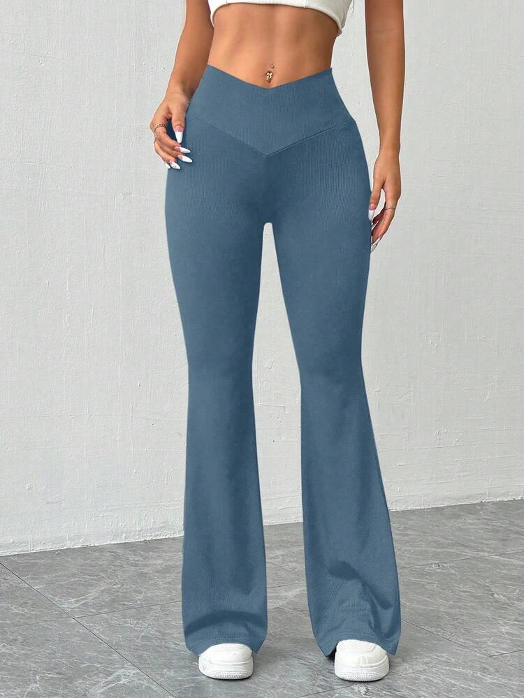 Chiquease Women's Casual Daily Simple Solid Color Wide Waistband Rib-Knit Flare Pants - Baby Blue - View 6