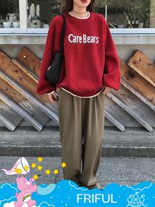 SHEIN X Care Bears FRIFUL 女式宽松字母图案落肩毛衣 - 紅色 - 查看 2