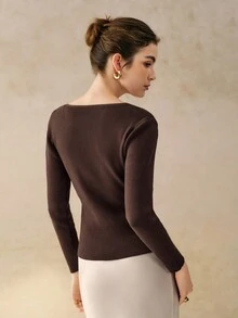 Cévolie Women's V-Neck Long Sleeve Metal Decor Fashion Knit Pullover Sweater, Autumn - Coffee Brown - View 2