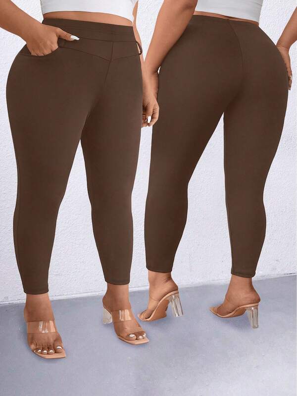 SHEIN CURVE+ Pantaloni skinny cu buzunar oblic, culoare solidă, casual, mărime plus
