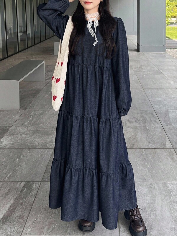 FRIFUL Women's Casual Commuter Long Denim Dress Denim Maxi Dress Tiered Denim Dress Long Sleeve Denim Dress Long Casual Dress