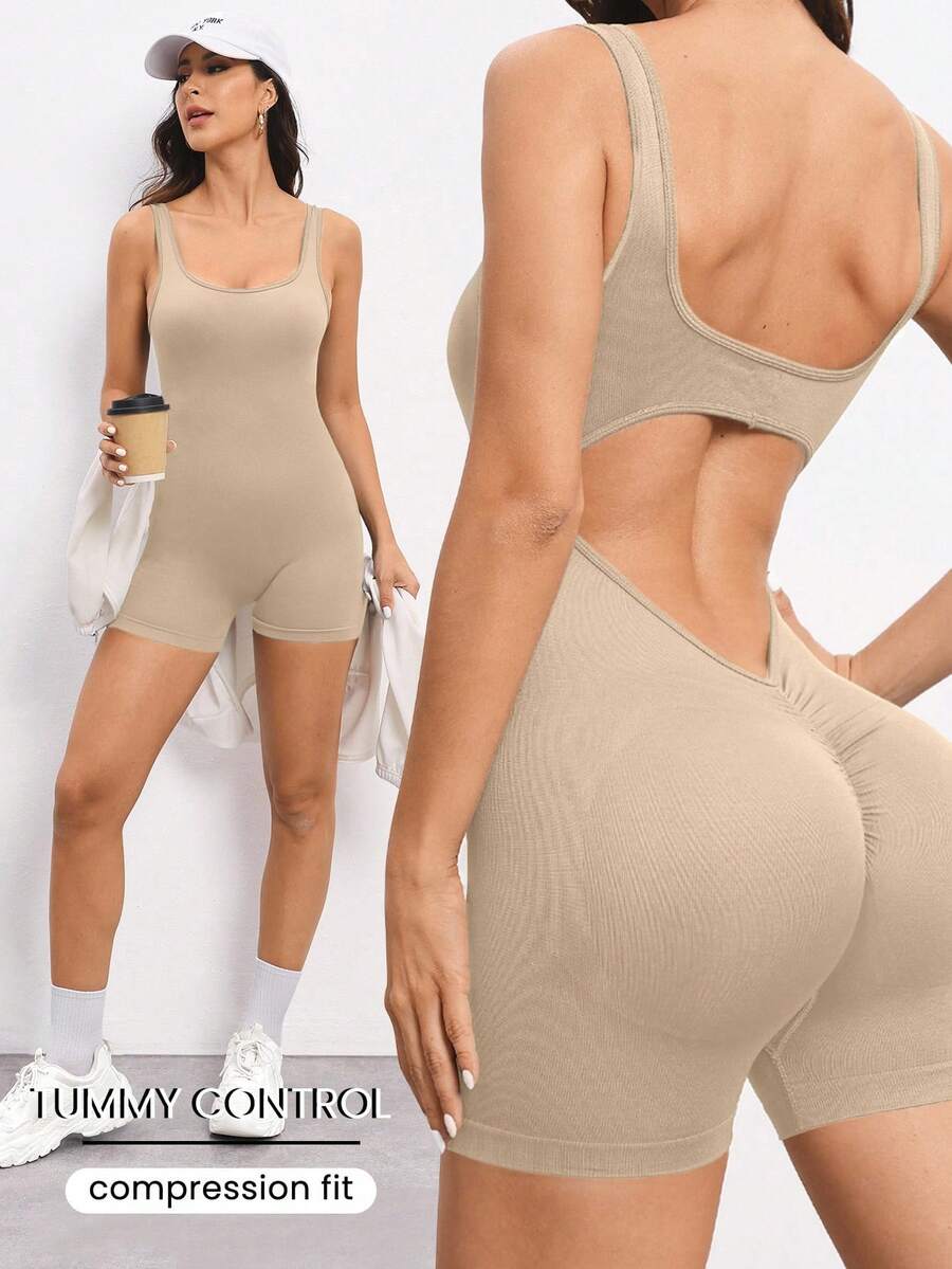 Dewbera Dewbera 女款極簡純色露背連身褲,卡其色夏季運動休閒健身米色連身褲,收腹壓力貼身無縫設計 - 駝色 - 查看 1