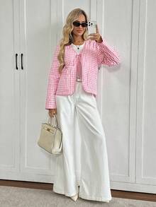 SHEIN LUNE Áo khoác chần bông có túi và nơ cho nữ, màu đỏ và trắng, mùa thu/đông - Đỏ và trắng - Xem 5