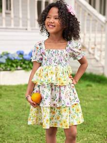 Joliand Joliand 1 件年轻女孩优雅都市可爱热带水果和橙色花朵图案荷叶边宽松连衣裙，适合聚会、郊游、婚礼、派对、夏季等场合 - 彩色 - 查看 6