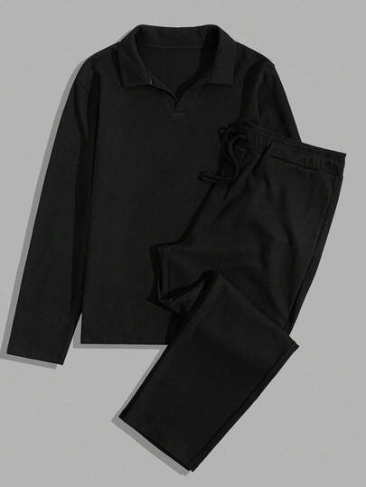 Plus Size Waffle Fabric Polo Collar Regular Two Pieces Set