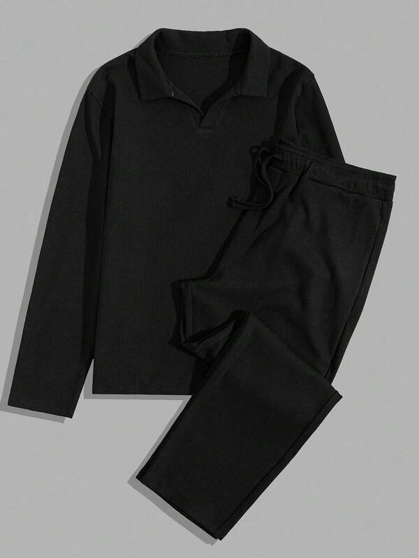 Set de două piese standard cu guler polo din material tip waffle, mărime plus