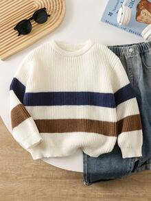 SHEIN Playful Pals Young Boy Thick Striped Knit Sweater, Long Sleeve, Autumn/Winter Fall - White - View 1