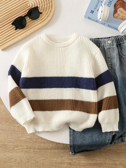 SHEIN Playful Pals Young Boy Thick Striped Knit Sweater, Long Sleeve, Autumn/Winter Fall