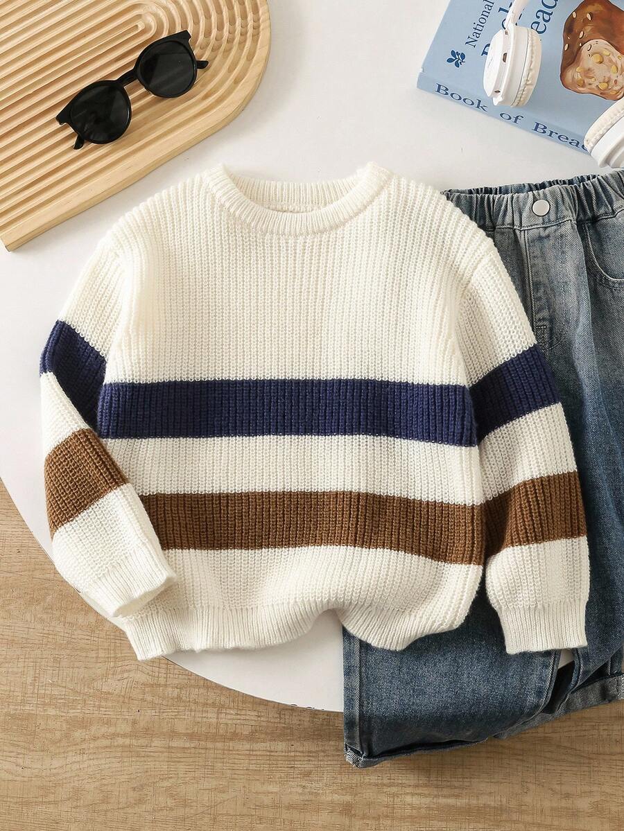 SHEIN Playful Pals Young Boy Thick Striped Knit Sweater, Long Sleeve, Autumn/Winter Fall - White - View 1