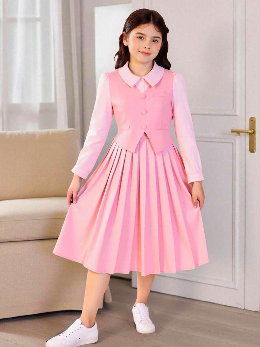 Sparklyn Fashionable Korean Style Elegant Sweet Elegant Women Single-Breasted High-End Vest Shirt + Pleated Skirt Casual 2 Pieces Set Fall Winter - Multicolor - View 1