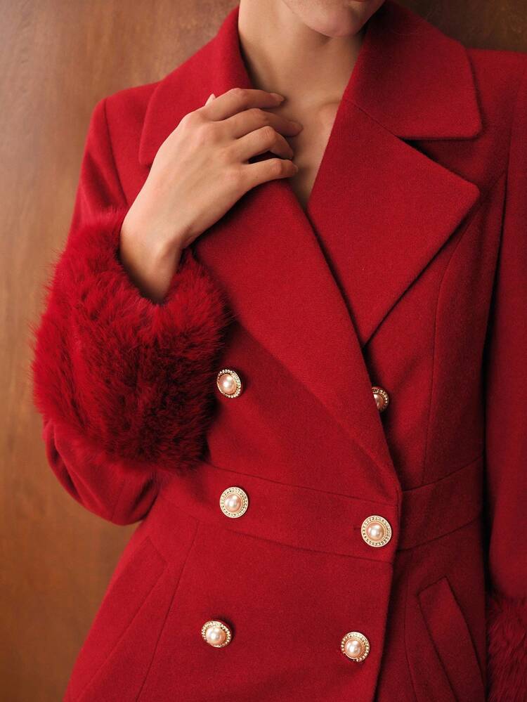 DOUBLE BREASTED CONTRAST FAUX FUR OVERCOAT