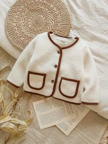 Vintaside Kids 1pc Baby Girls' Winter New White Faux Fur Trim Brown Front Pocket Lapel Minimalist Contrast Color Elegant Versatile Warm Jacket Fall - White - View 1