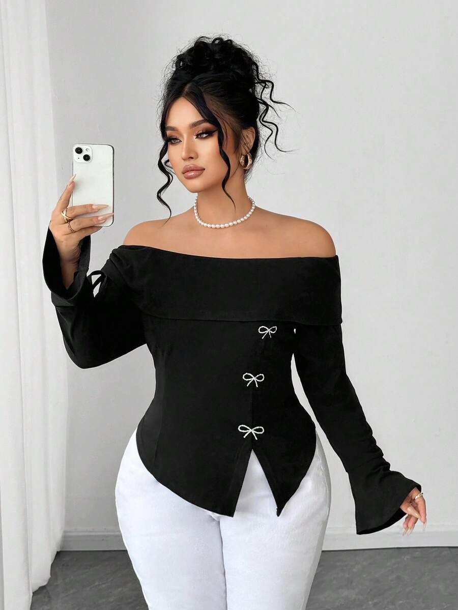 Elenzga Plus Size Women's Off Shoulder Asymmetrical Hem Casual T-Shirt, Outdoor T-Shirt