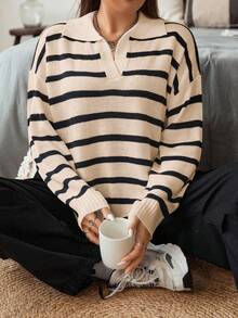 Vionelle Suéter de punto con cuello y estampado de rayas francés de manga larga para tallas grandes - Caqui - Ver 4