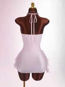 Amplova 深 V 领挂脖亮片与毛茸茸拼布紧身迷你连衣裙 - 粉色 - 查看 8