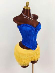 Amplova Bộ 2 món áo crop top cạp chun kim loại và quần short ren lưới mini cho nữ - Nhiều màu - Xem 7