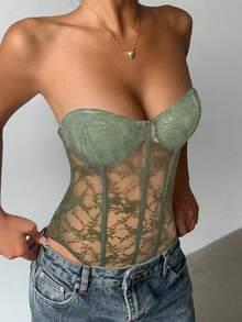 Aloruh Women's Fashionable Lace Sheer Sexy Bandeau Bodysuit - Army Green - View 1