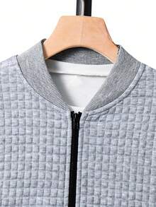 SHEIN Tween Boy 休闲百搭纹理格子棒球夹克，适合通勤、上学、日常休闲装、运动、秋冬 - 灰色 - 查看 4