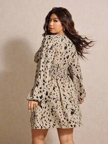 Elaquor 大码休闲印花束腰连衣裙 - 杏色 - 查看 2