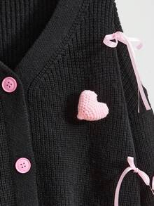 ROMWE Kawaii Plus Size Autumn/Winter Cute Heart Shaped Ribbon Decor Knitted Cardigan - Black - View 3