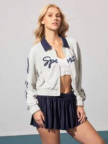 CourtClass 字母印花口袋拉链休闲长袖运动夹克 - 灰色 - 查看 4