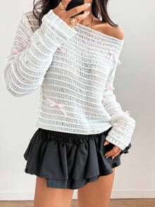 Flirla New Arrival White Hollow-Out Pink Bow Decor Cute Sweet Casual Off-Shoulder Sweater - White - View 3