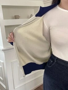 Dazy Plus Chaqueta de punto con cremallera y bloqueo de color con patrón bordado, informal y de talla grande para mujer, otoño/invierno - Albaricoque - Ver 11
