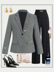 Gownix Plus Size Women's Elegant Tweed Beaded Pocket Suit, Suitable For Parties, Events, And Work Commute, Autumn/Winter Rave Party - Dark Grey - View 12