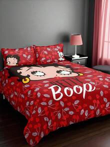 Betty Boop x SHEIN 3件套樱桃卡通图案被套，磨毛面料，柔软保暖，红色被套，多种尺寸可选，适用于单人床/双人床/大号床/特大号床，樱桃图案，送礼佳品，适合派对、节日、情人节等场合。 - 彩色 - 查看 4