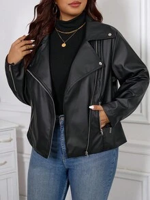 SHEIN Clasi Giacca da motociclista in ecopelle con zip e colletto, taglia comoda, per donne, colore tinta unita, manica lunga