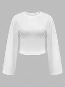 INAWLY Camiseta de manga larga con cuello redondo de unicolor y estilo minimalista para tallas grandes