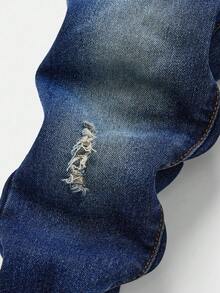 SHEIN Young Boy Casual Mid-Waist Asymmetrical Ripped Skinny Jeans Fall Winter - Dark Wash - View 3