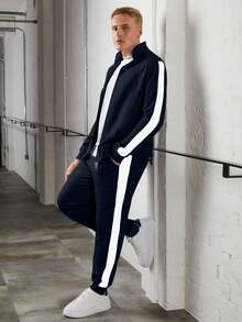 Completo casual da uomo con colletto alla coreana, strisce laterali e colori a contrasto, versatile in due pezzi