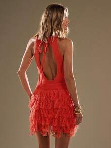 SHEIN BAE 女式纯色露背休闲无袖流苏毛衣裙，女式夏季连衣裙，女士度假装，秋冬沙滩装 - 橘色 - 查看 8