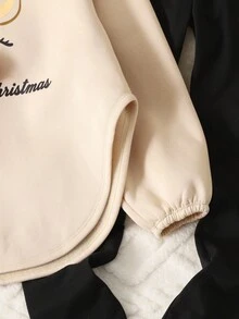 SHEIN 青少年女孩休闲圣诞驯鹿图案蝴蝶结和绒球装饰宽松连帽衫和黑色紧身裤套装，适合圣诞节、日常、派对、学校、杏色、卡其色 - 杏色 - 查看 8